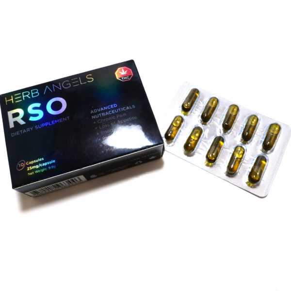 Herb Angels RSO THC Capsules packet displayed in front of a white background