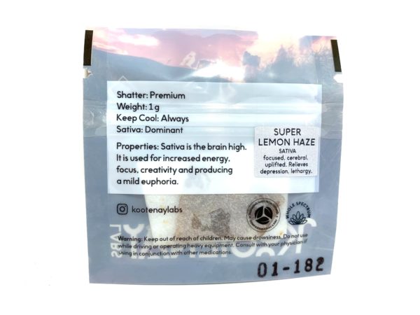 Kootenay Labs - Super Lemon Haze Shatter packet displayed on Phatnug Canada Online Weed Dispensary