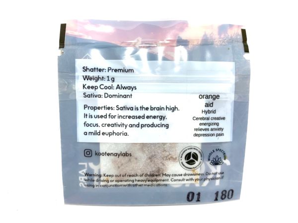 Kootenay Labs - Orange Aid Shatter packet displayed on Phatnug Canada Online Weed Dispensary