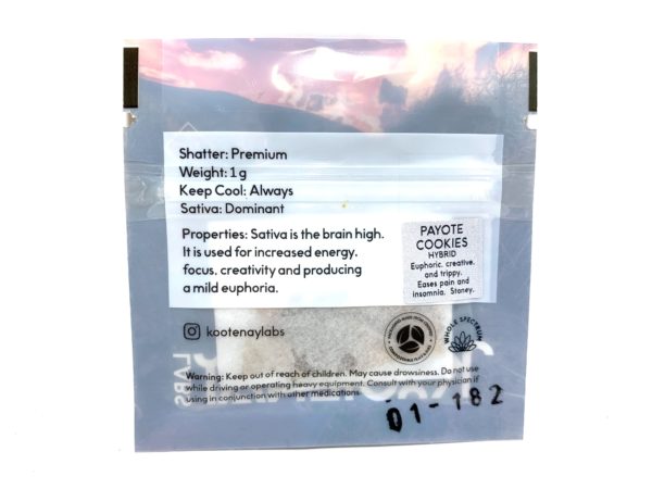 Kootenay Labs - White Cookies Shatter packet displayed on Phatnug Canada Online Weed Dispensary