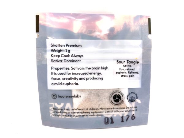 Kootenay Labs - Sour Tangie Shatter packet displayed on Phatnug Canada Online Weed Dispensary