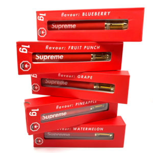 Supreme THC Vapes - various flavours displayed in front of a white background